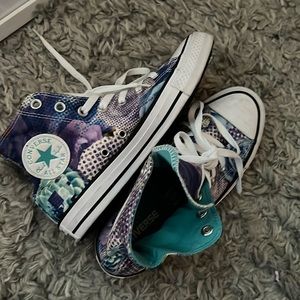 Converse High Tops - Purple/Blue flower pattern.